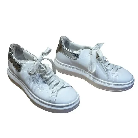 Valentino Garavani Leather Trainers White With Silver Snake Skin Women's 8.5 GUC